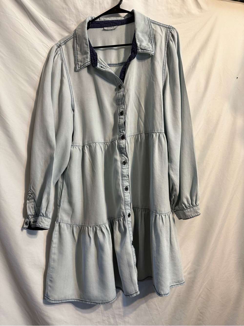 Serra Pale Blue Denim Tiered Button-Front Midi Dress